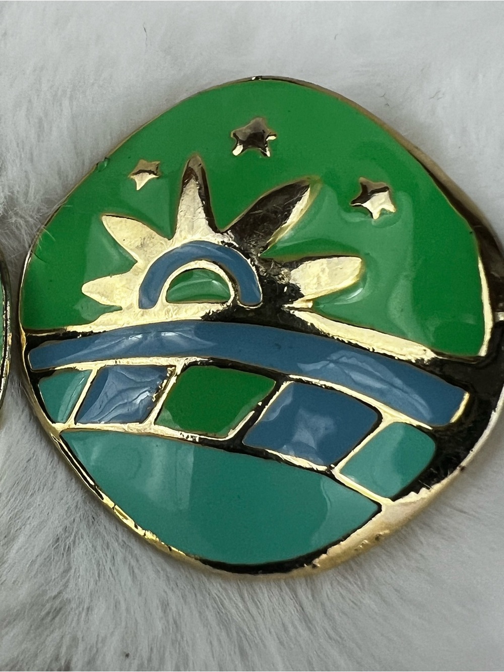 VTG 80s Green Blue Enamel Geometric Sun Landscape Post Earrings - Picture 3 of 8